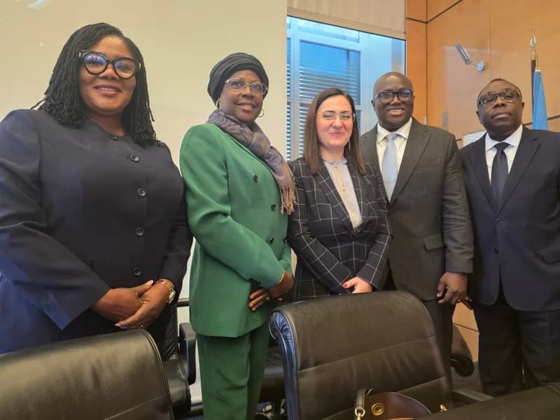Five professionals stand together in a formal office setting, likely representing a Ghanaian delegation at an international forum in Geneva. The group, consisting of three women and two men in business suits, is captured in a well-lit indoor environment with professional decor.