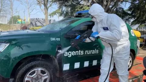 An official wearing white protective clothing as he sprays his car with disinfectant after patrolling an area that has seen an outbreak of the swine fever