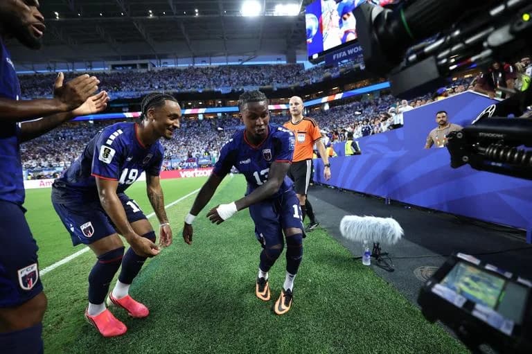 MIAMI GARDENS, FLORIDA - JULY 03: Sidny Lopes Cabral #13 of Cabo Verde celebrates with teammates after scoring the team's second goal during the FIFA World Cup 2026 Round of 32 match between Argentina and Cabo Verde at Miami Stadium on July 03, 2026 in Miami Gardens, Florida. (Photo by Steph Chambers - FIFA/FIFA via Getty Images)
