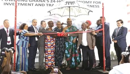 Tackie Teiko Tsuru II (4th from right), Ga Mantse, assisted by Augustus Goosie Tanoh (5th from right), Presidential Advisor on the 24-Hour Economy; Nana Opare Kwafo I (3rd from right), Chairman, Ghana Chamber of Construction Industry, and other dignitaries at the opening of the seventh Ghana Investment and Trade Week Show