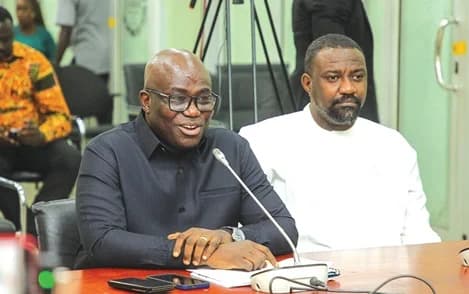 Eric Opoku (left), Minister of Food and Agriculture, explaining a point to the committee. With him is John Dumelo (right), Deputy Minister of Food and Agriculture. Picture: CALEB VANDERPUYE