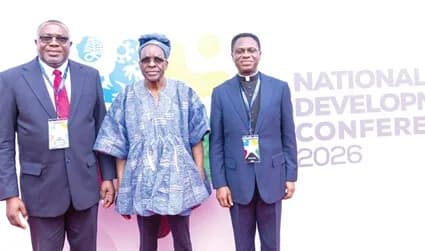Dr Samuel Ofofu-Ampofo (left), Policy Advisor for Political Affairs at the Office of the Vice-President, with Alban Bagbin (middle), Speaker of Parliament, and Apostle Dr Eric Nyamekye, Chairman of the Church of Pentecost, at the National Development Conference