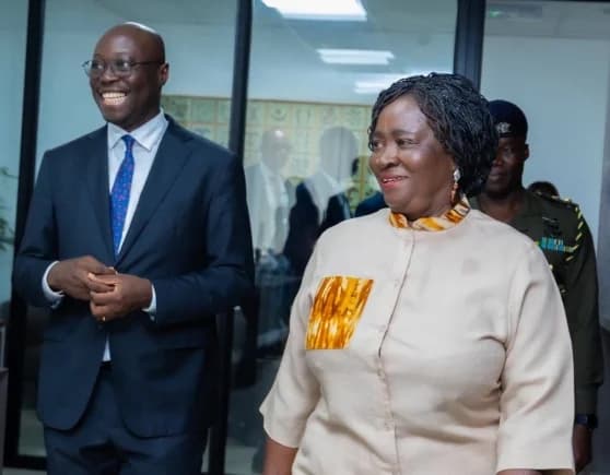 Vice-President Prof. Naana Jane Opoku-Agyemang (right), in a hearty interaction with Dr Cassiel Ato Forson, Minister of Finance, during the visit