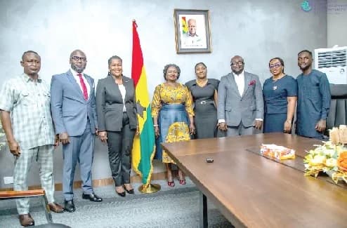 Prof. Naana Jane Opoku-Agyemang (4th from left), Vice-President, and Maame Samma Peprah (3rd from left), the Registrar of Companies, with officials after the meeting