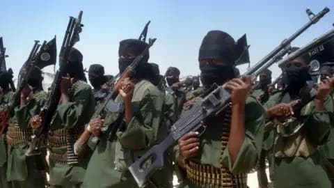 AFP via Getty Images Shabab fighters in green uniform, standing in a row in a military drill