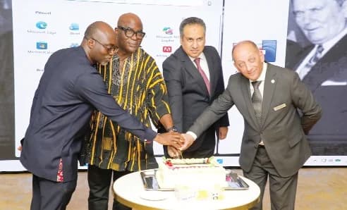 Wael Fathy (2nd from right), Egyptian Ambassador to Ghana, being assisted by Ebenezer Okletey Terlabi (2nd from left), Deputy Minister for the Interior; Desmond Agyemang Baah (left), Chief of Protocol, Ministry of Foreign Affairs, and Philippe Bailloux (right), General Manager, Four Points by Sheraton, to cut the cake to celebrate Egypt’s Revolution Day. Picture: ELVIS NII NOI DOWUONA