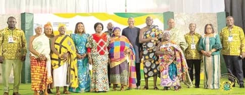 Professor Naana Jane Opoku-Agyemang (6th from left), Vice-President, with leadership of the Conference of Heads of Basic Schools, traditional leaders and other dignitaries after conference