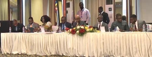 William Amuna (arrowed) addressing the the ECG AGM. On the high table are board members of the company