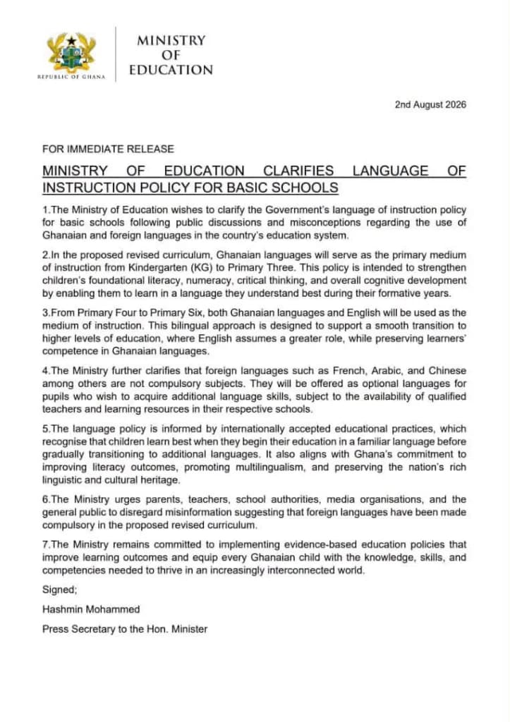 Ministry of Education Clarifies Basic School Language Policy; Foreign Languages Remain Optional