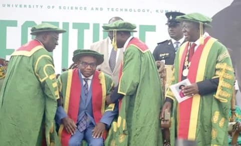 Otumfuo Osei Tutu II ( right), the Asantehene, looking on as Akyamfuo Asafo Boakye Agyemang-Bonsu (left), Chairman, KNUST Governing Council, and Prof. David Asamoah (2nd from right), the Pro-VC, KNUST, perform the induction ceremony of Prof. Christian Agyare as the 13th Vice-Chancellor of the KNUST. Picture: EMMANUEL BAAH