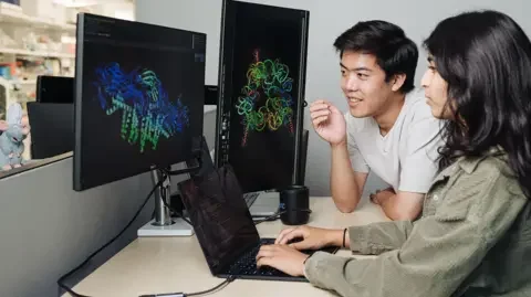 Stanford University Two people working together at a desk in what appears to be a laboratory or research office environment. Large computer monitors display colorful three-dimensional molecular or protein structure models against dark backgrounds, while a laptop on the desk shows lines of code or data. One person is seated using the laptop, and another is leaning toward the screens as both focus on the scientific visualizations. Laboratory shelving and equipment are visible in the background, suggesting a biomedical, biotechnology, or computational research setting. The scene emphasizes the use of computer-based analysis and visualization tools to study complex biological structures.