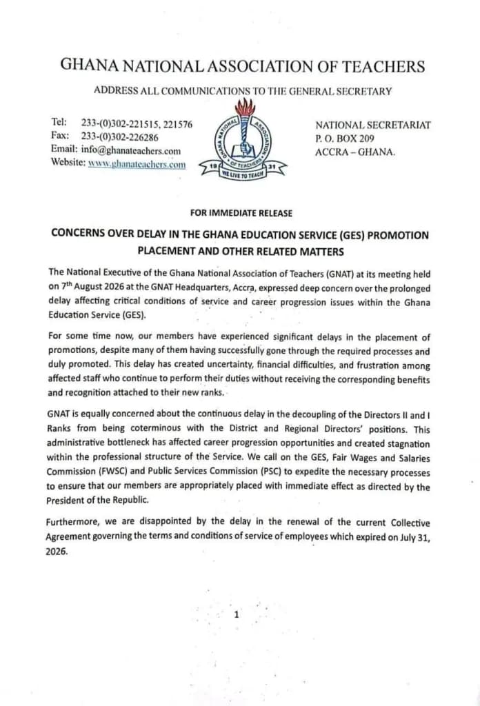 Ghana National Association of Teachers Issues September 7 Strike Ultimatum Over Promotions and Service Conditions