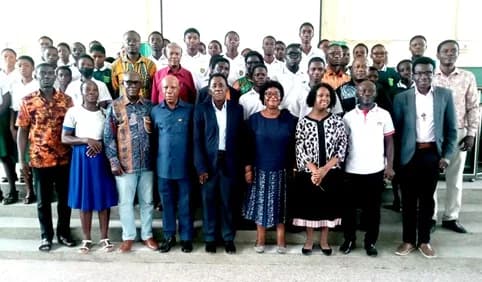 Rev. Steve Mensah (4th from right front row), with other members of the association and students of the Odorgonno SHS in Accra