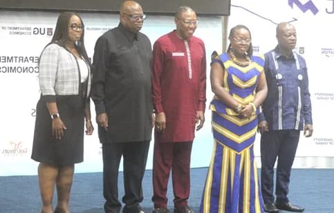 Prof. Nana Aba Appiah Amfo (2nd from right), Vice- Chancellor, University of Ghana, Legon and Chair of the Summit; Dr Clement Apaak (middle), Deputy Minister of Education; Emeritus Prof. Ernest Aryeetey (2nd from left), former Vice-Chancellor, University of Ghana, with other dignitaries at the Ghana Higher Education Summit. Picture: ESTHER ADJORKOR ADJEI