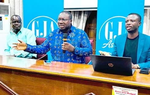Yaw Adu Domfeh (middle), Ashanti Regional Chairman, GJA, speaking at the launch of the awards in Kumasi. Flanking him are Nicolas Osei-Wusu (left), Regional Vice Chairman, and Isaac Justice Bediako, Chairman, Awards Planning Committee
