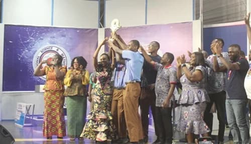 The PRESEC contestants receiving the trophy from Prof. Elsie Effah Kaufmann. Picture: ERNEST KODZI