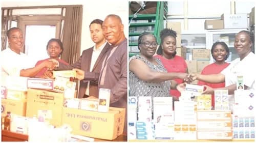 David Kafui Klutse (right), Chief Operation Officer, Pharmanova Limited, with Atal Tripathi (2nd from right), Manager, Pharmanova, presenting the drugs to Yvonne Dasoberi (left), Assistant Corporate Communications Officer, GCGL, Esther Agarko (left), General Manager, Pharmacy Services, Danpong Healthcare Limited, presenting donated drugs to Yvonne Dasoberi (right), Assistant Corporate Communications Officer, GCGL. Pictures: BENEDICT OBUOBI