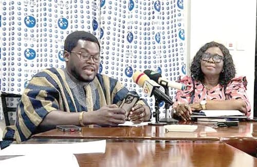 Stephen Atasige (left), Country Coordinator, Global Health Advocacy Incubator, together with Cecilia Senoo, Executive Director, HFFG, at the press conference