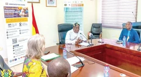 Haruna Iddrisu (seated middle), Minister of Education, addressing the media