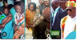 A composite image consisting of three panels showing different scenes: a man being escorted in a teal shirt, a woman and a soldier cutting a cake, and a security guard standing next to an older man in traditional Ghanaian kente-patterned attire. The collage is low-resolution and includes a text overlay regarding John Mahama.