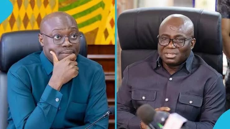 A composite image featuring two prominent Ghanaian politicians. On the left is Dr. Cassiel Ato Forson, Minority Leader, in a pensive pose, and on the right is Bryan Acheampong, Minister for Food and Agriculture, speaking during a session.
