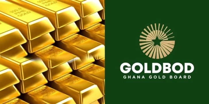 A composite graphic featuring a stack of polished gold bullion bars on the left side. The right side displays the official logo of GoldBod (Ghana Gold Board) with a star inside a sunburst design on a solid dark green background.