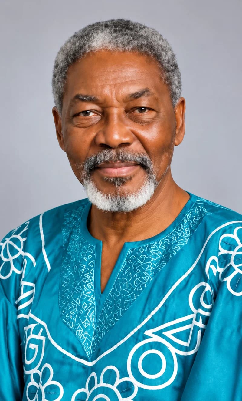 A head-and-shoulders portrait of the late Ghanaian broadcasting legend, Cris Tackie. He is shown with grey hair and a well-groomed salt-and-pepper beard, wearing a vibrant turquoise traditional top with white floral embroidery against a neutral grey background.