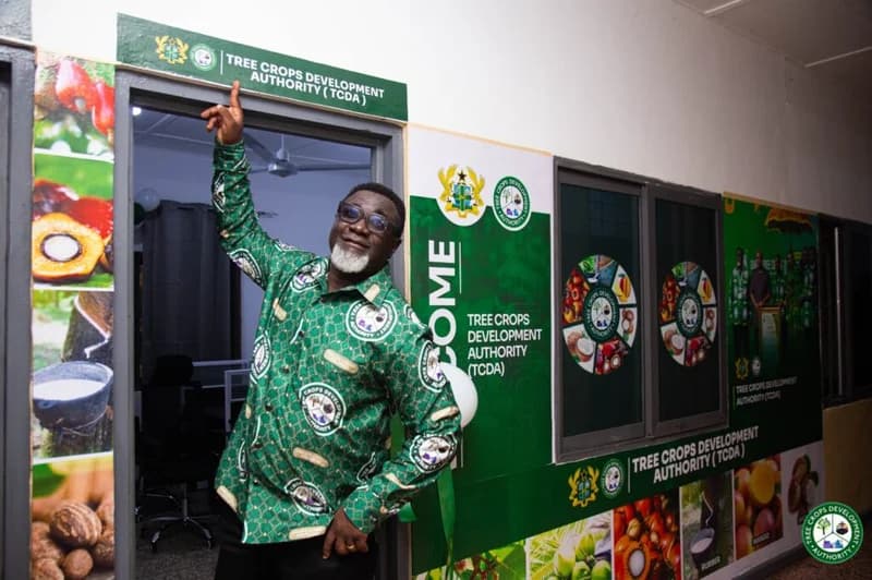 A man wearing a green branded shirt points toward the 'Tree Crops Development Authority (TCDA)' sign above an office doorway. The surrounding walls are decorated with TCDA branding and images showcasing various crops like cashew, palm oil, and rubber, marking the establishment of a new regional office.