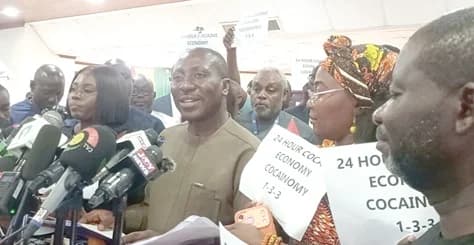 Alexander Afenyo-Markin (3rd from right), Minority Leader, addressing the press after the Speaker dismissed the call for parliamentary probe into narcotics seizures. With him are members of the Minority Caucus
