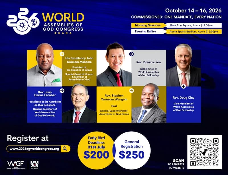 An official promotional flyer for the 2026 World Assemblies of God Congress in Ghana, scheduled for October 14-16. It features portraits of President John Dramani Mahama and international church leaders, including event details for sessions at Black Star Square and Accra Sports Stadium.