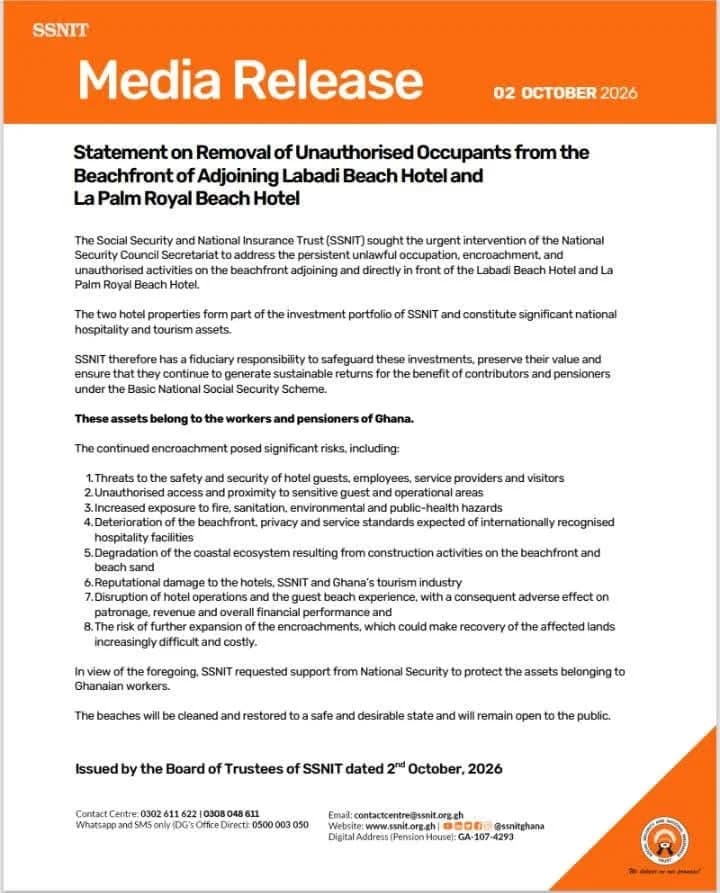 An official media release from the Social Security and National Insurance Trust (SSNIT) dated October 2, 2026. The statement explains the removal of unauthorized occupants from the Labadi and La Palm beachfronts following an intervention by National Security to protect investment assets.