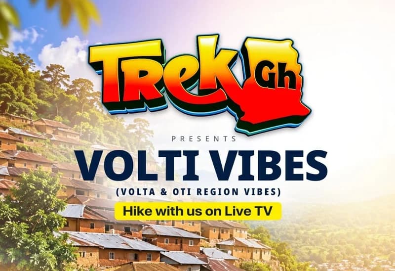 A promotional graphic for 'Volti Vibes 2026', a television program presented by Trek Gh focusing on tourism in the Volta and Oti regions. The background features a scenic view of a hillside village with traditional houses nestled among lush green trees under a bright sky.