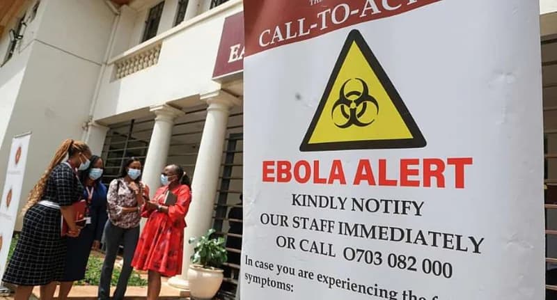 A prominent 'EBOLA ALERT' banner with a biohazard symbol stands in the foreground, urging the public to notify staff or call a specific hotline. In the background, four women wearing protective face masks are seen conversing outside a building with white pillars, reflecting public health measures during a disease outbreak.