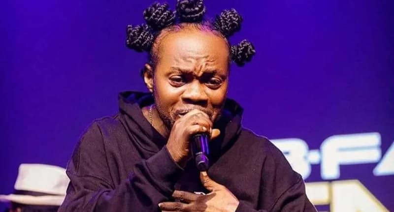 The image shows legendary Ghanaian highlife musician Daddy Lumba performing on stage, holding a microphone. He is seen with his iconic Bantu knots hairstyle, wearing a black hoodie against a vibrant purple background.