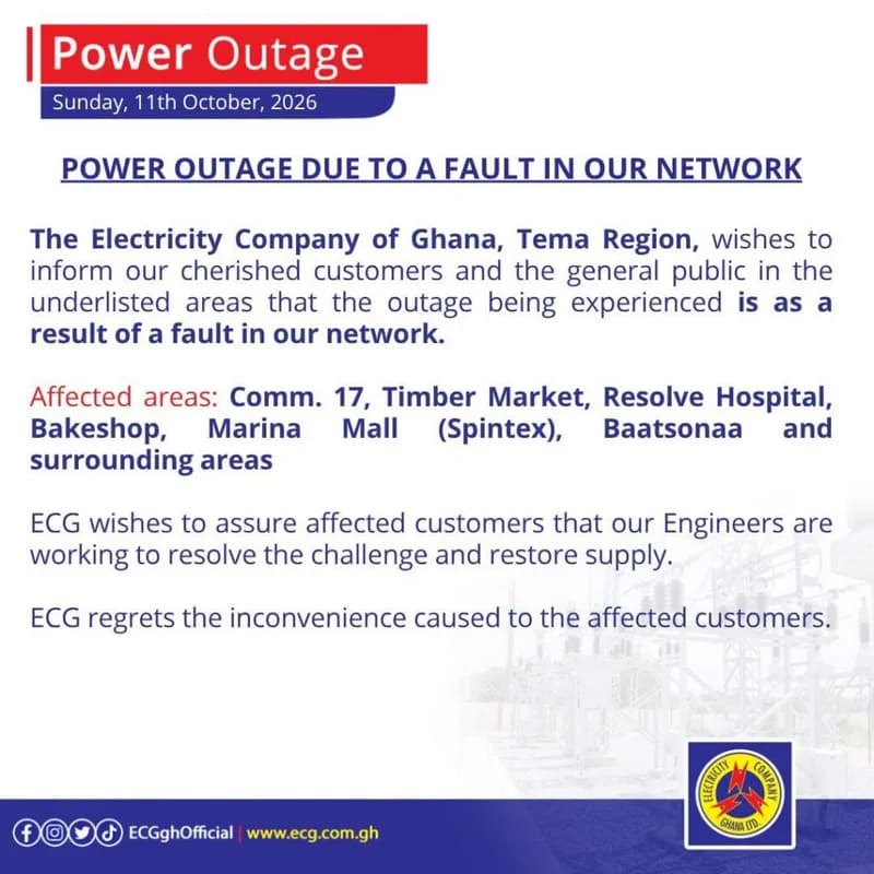 ECG announces power outages in parts of Tema and Central regions
