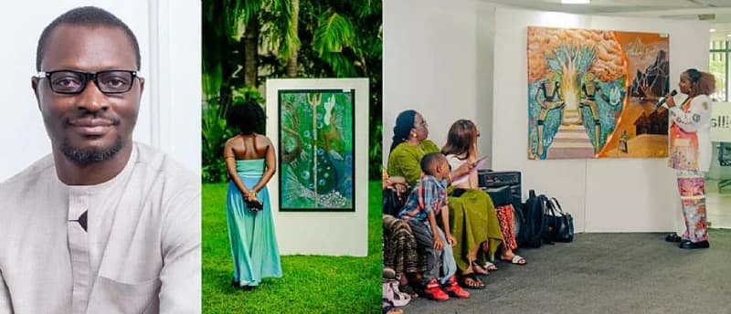 A composite image featuring a portrait of a man in traditional attire, a woman viewing a painting in a lush garden, and an indoor art exhibition where a woman presents a large painting to a seated audience. The scenes capture the essence of a cultural art event, highlighting the interaction between the artist, the artwork, and the public.