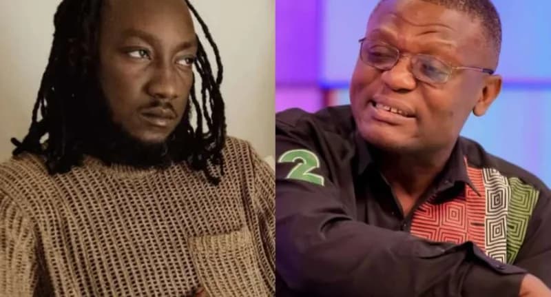 A side-by-side composite image featuring two men. On the left is a man with long dreadlocks wearing a brown knitted sweater, and on the right is Kofi Adams, the Member of Parliament for Buem, wearing glasses and a black shirt with distinctive colorful geometric patterns.