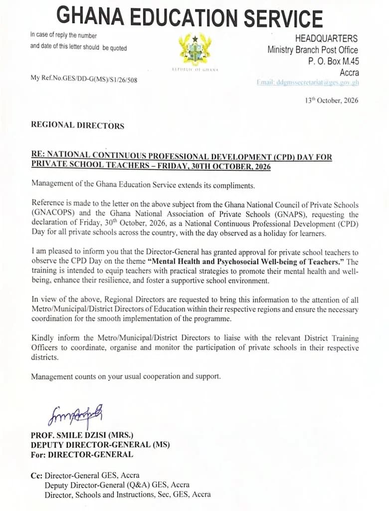 GES declares October 30 a CPD day for private school teachers