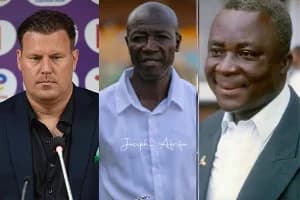 A composite image featuring three football coaches who have managed both the Ghana national men's team (Black Stars) and the women's team (Black Queens). The collage displays individual portraits of the coaches, including Bashir Hayford in the center and Sellas Tetteh on the right.