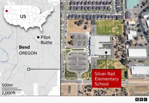 A map shows the location of Silver Rail elementary school in Bend, Oregon, US.