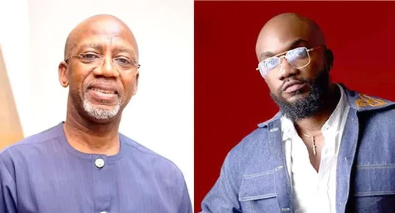 A composite image featuring two prominent Ghanaian musicians. On the left is veteran highlife singer Rex Omar, and on the right is contemporary Afrobeats artist Mr Drew. Both men are wearing spectacles and looking directly at the camera.