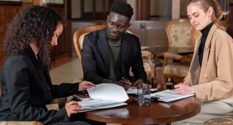 Three young professionals are seated around a round wooden table, focused on reviewing and signing several documents. The group, consisting of two women and one man, appears to be in a formal business meeting or collaborative work session within a well-appointed office or lounge environment.