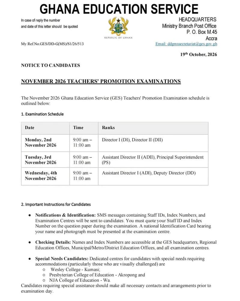 Ghana Education Service schedules November 2026 promotion exams