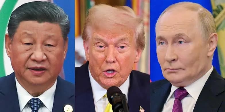 A horizontal composite graphic displaying three prominent world leaders side-by-side: Chinese President Xi Jinping, former U.S. President Donald Trump, and Russian President Vladimir Putin. The leaders are presented in individual panels, dressed in formal business suits and ties, symbolizing global political power and international relations.