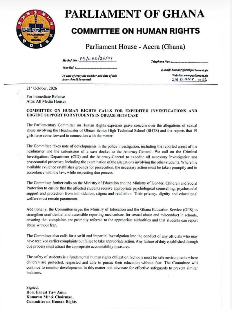 An official press release from the Committee on Human Rights of the Parliament of Ghana, dated October 21, 2026. The document calls for the Criminal Investigations Department (CID) and Attorney-General to expedite investigations into allegations of sexual abuse involving the Headmaster of Obuasi Senior High Technical School (SHTS).
