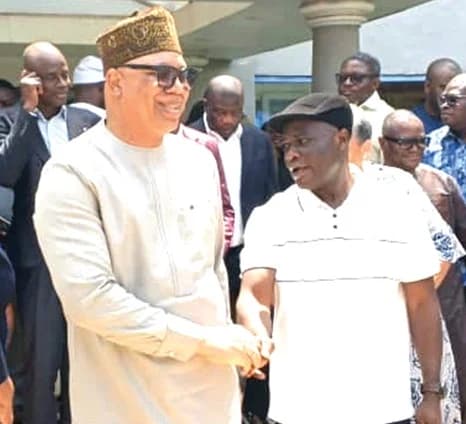 Ahmed Ibrahim (right), Minister of Works, Housing and Water Resources, and Adam Mutawakilu (left), Managing Director of GWL, after the meeting